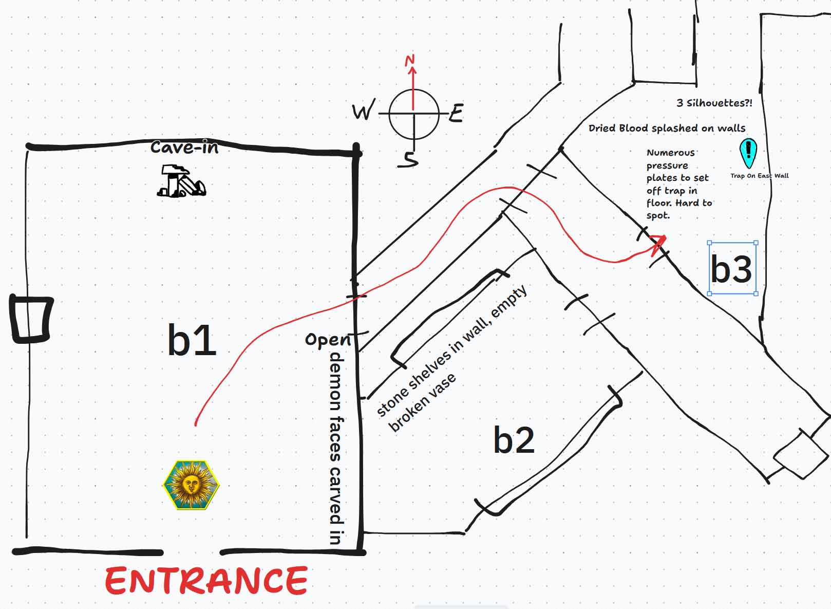 A section of the dungeon map drawn on a digital canvas. I am sorry, but the specific details of the image are impossible to describe in text.