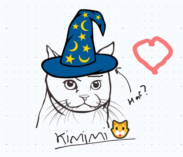 Drawing of a cat wearing a magician's hat, and a heart symbol next to it. Below, in handwriting, underlined: Kimimi :cat_emoji:. Small writing to the side, with an arrow pointing at the hat: "Hat?"