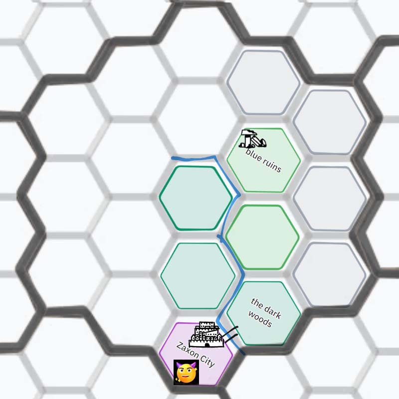 A map made out of tiled hexagons, The hexes are oriented such that the flat edge is at the bottom and top. This particular map is 5 hexes tall and 5 hexes diagonally. So it's basically a hex "flower" of three layers. Anyway, at the southernmost hex there is a city called Zaxon, with a bridge crossing a river to the north-east. On that hex also is the icon or play-piece representing our adventuring party, which looks like a yellow round smiley-face with horns. The river itself goes 3 hexes north, and turns west at the top edge of the third hex from the bottom. Across the bridge, north east of the southernmost hex, are the dark woods. Two hex "steps" from there is an icon for ruins.. 