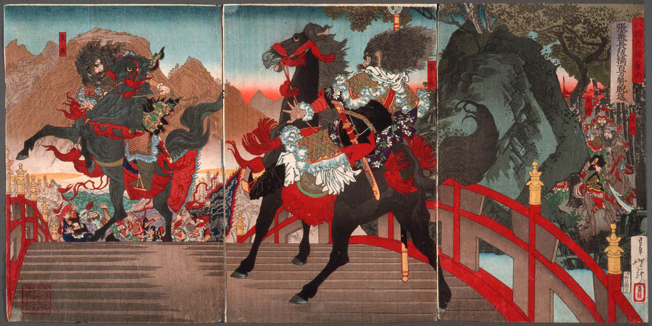 A Japanese woodblock print depicting two horsemen facing off on a bridge, with an army in the background.