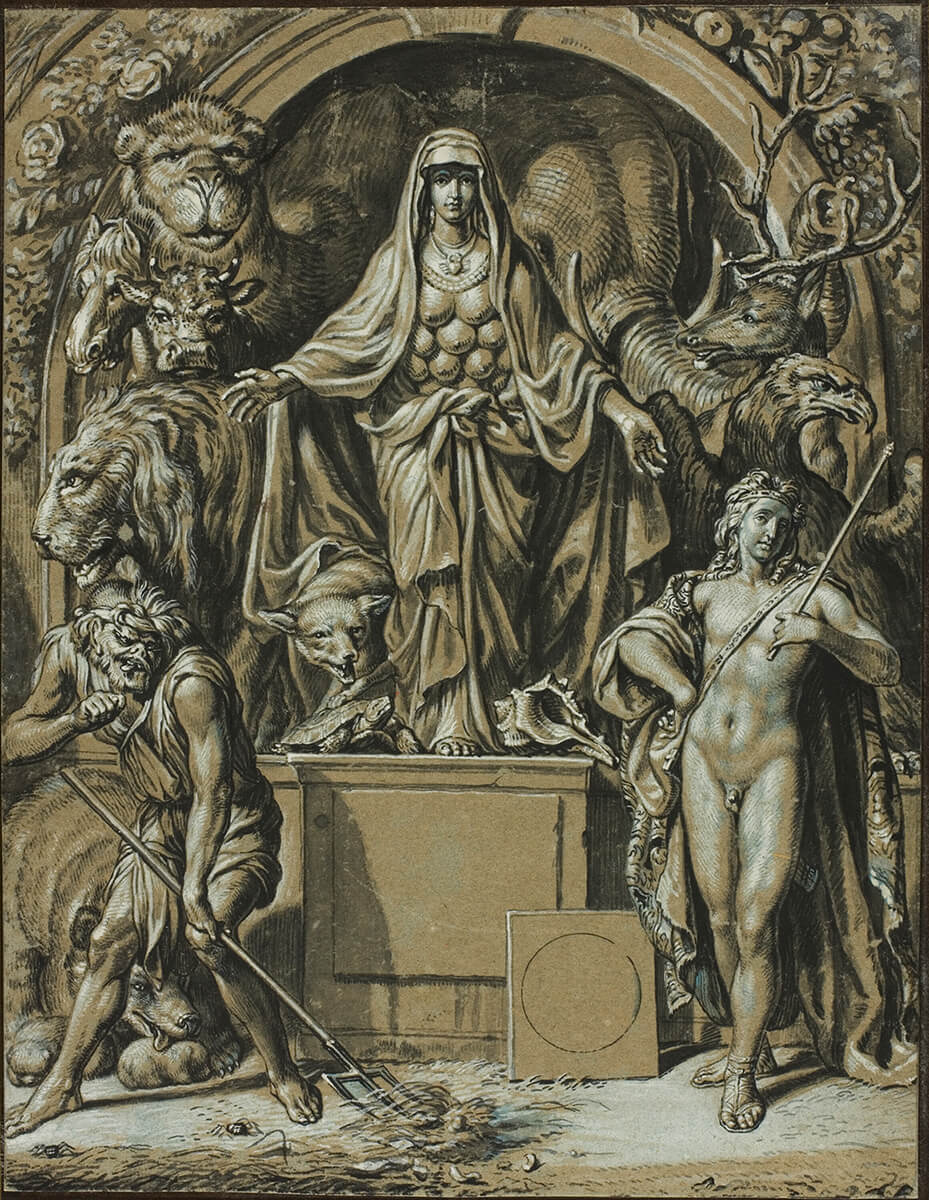 Drawing of a lady with many breasts, a cancer necklace, surrounded by animals and two human figures