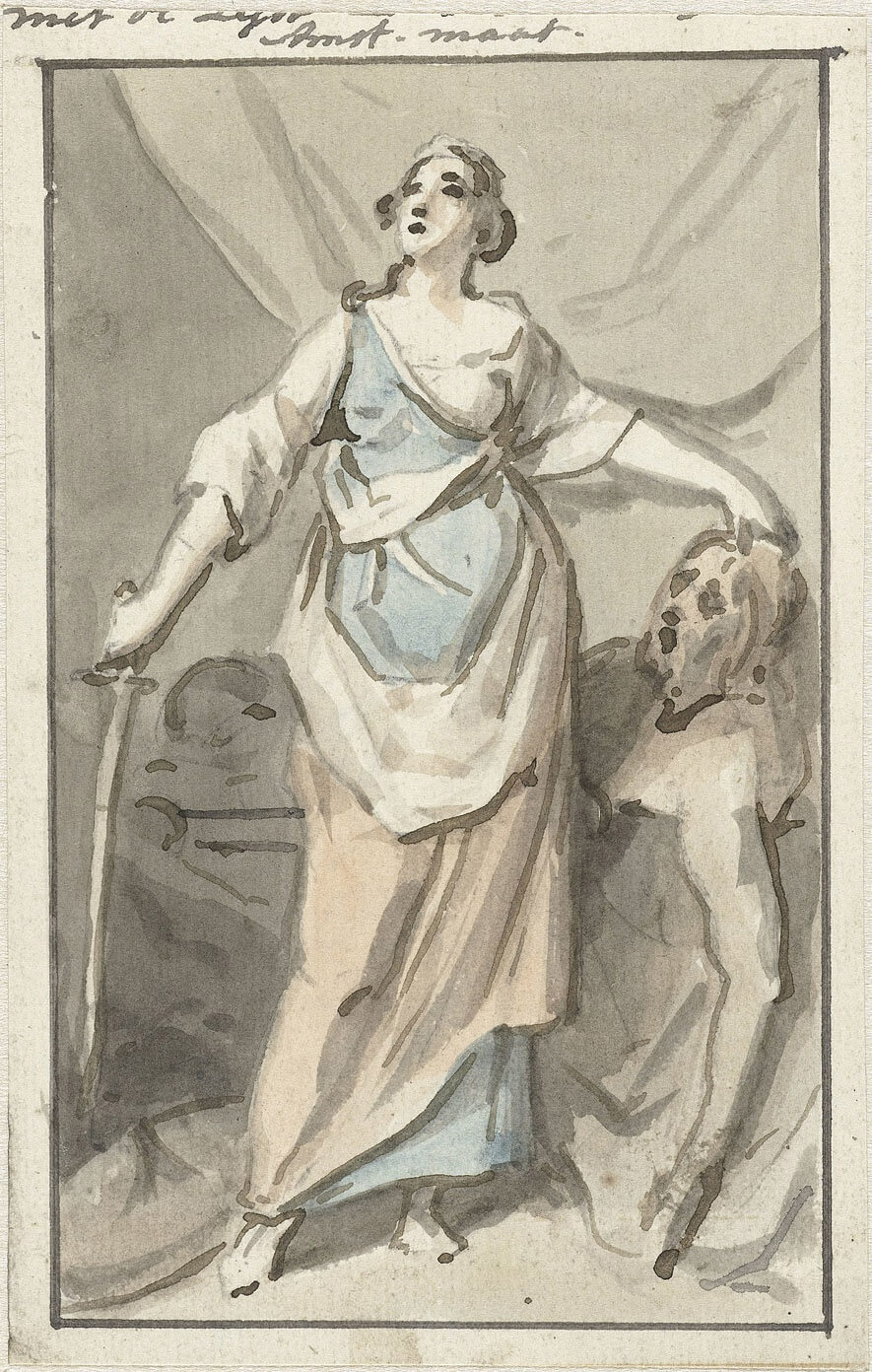 Watercolor sketch of a woman, knife in hand, holding a man by the hair. Story of Judith from the Bible.