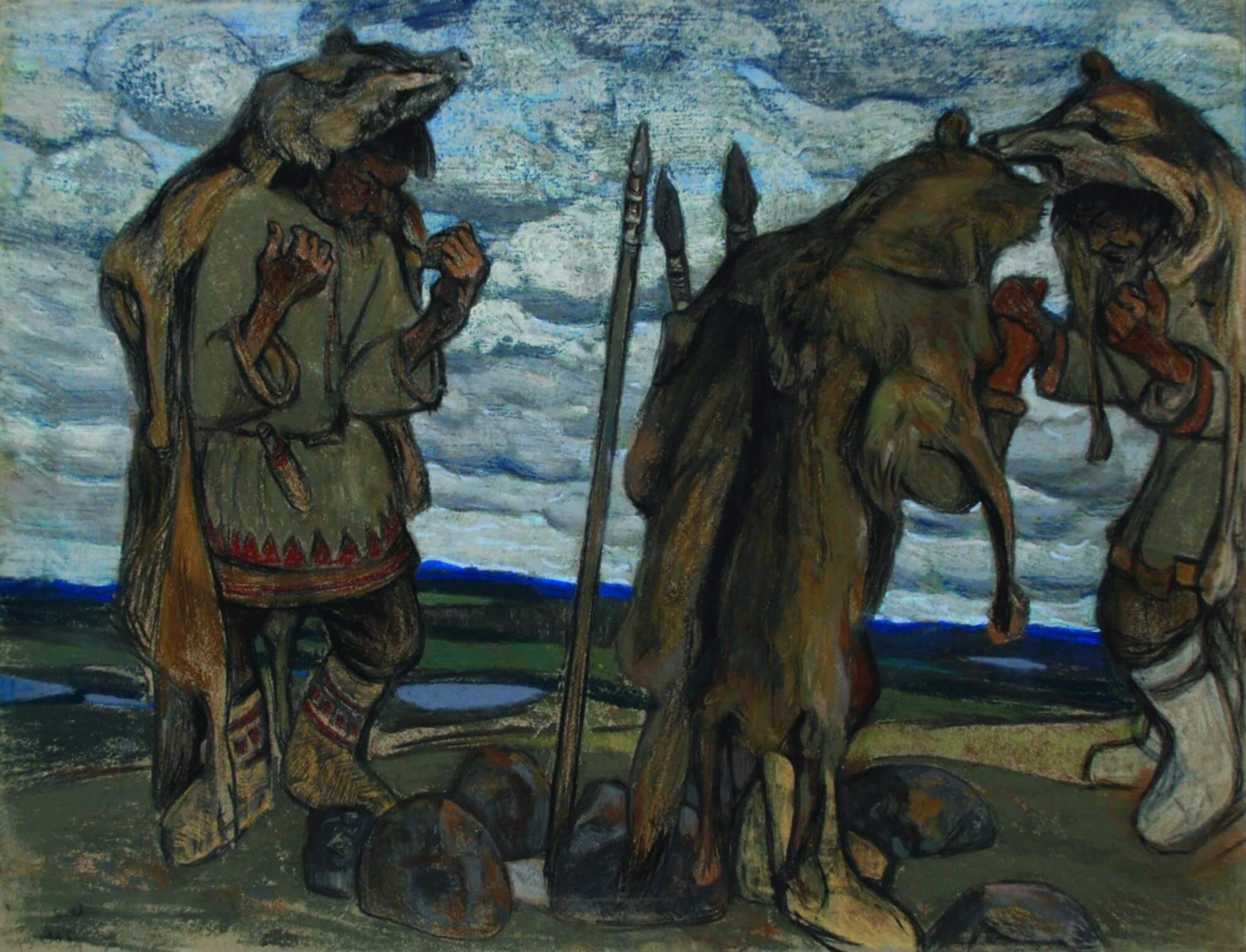 A painting of 3 men in traditional slavic clothes clothes, wearing wolf pelts on top, praying
