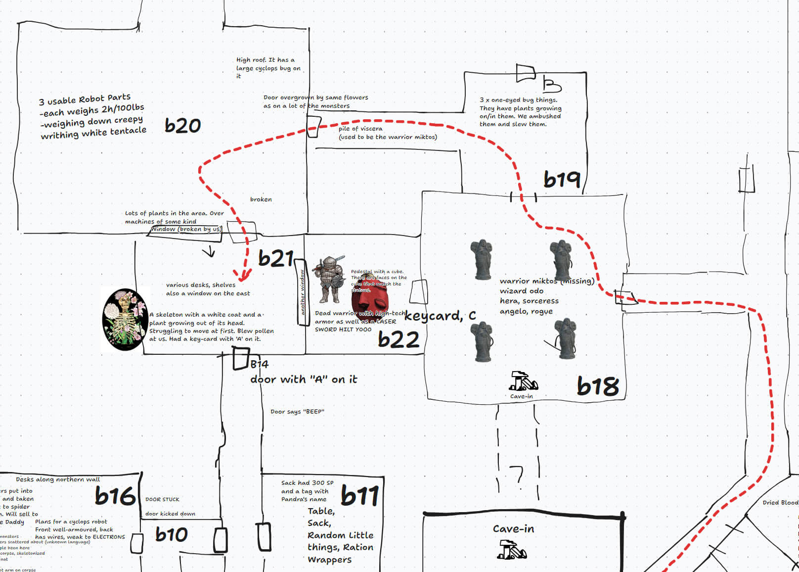 Map of the dungeon sketched on a digital whiteboard, a bit further north from the entrance