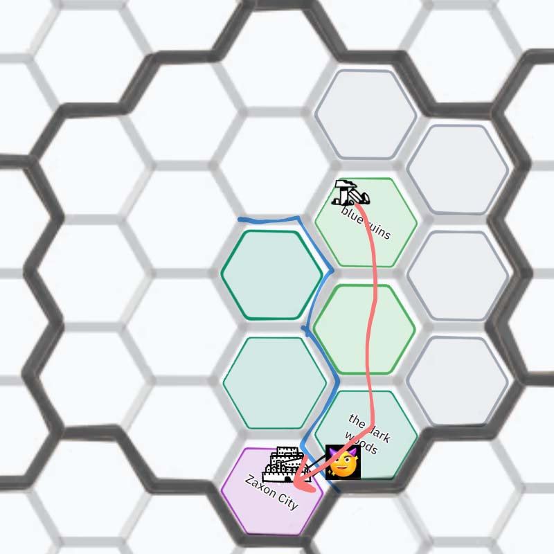 A hexagonal tiled map, depicting a path from the Blue Ruins back to Zaxon City, through the Dark Woods and the bridge that crosses the river that flows from north to south.