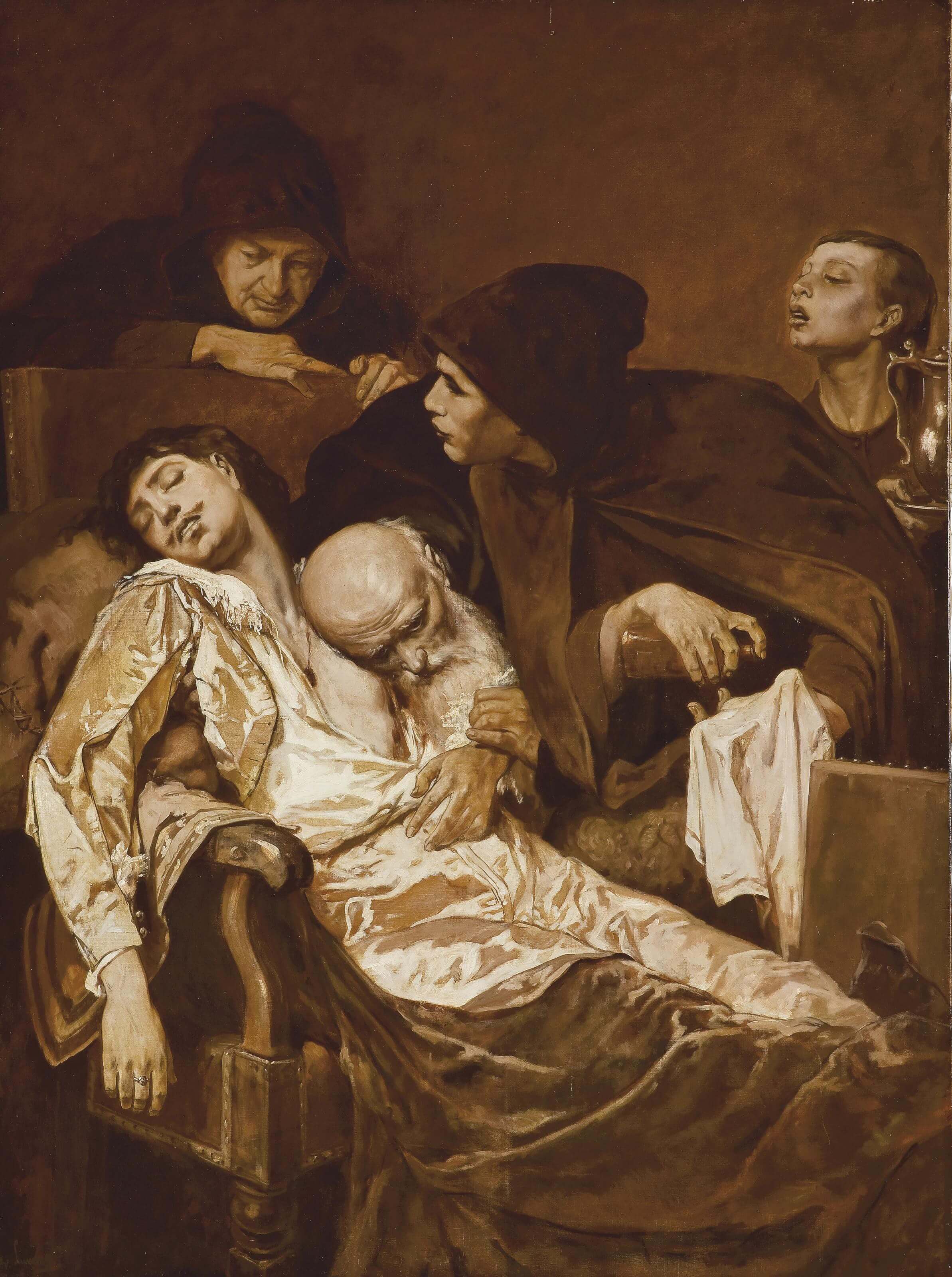 Painting of a young man, laying on a chair, appears to be dead. Surrounded by an old man, two men in hoods, and a small boy in the background. The old man has his ear to the young man's chest.