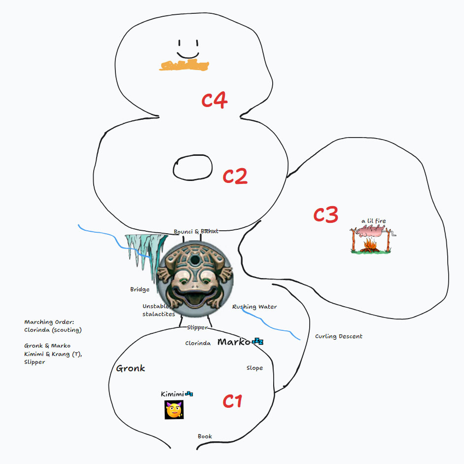A map drawn on a whieboard, depicting the dragon frog cave.